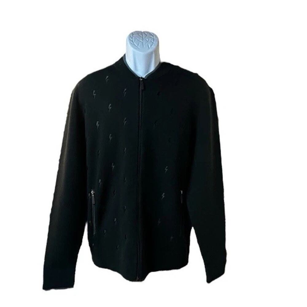 Buttercloth Sweater Mens Large Black Full‎ Zip Knit Jacket Embroidered